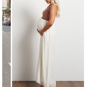 Ivory Rose Gold Sequin Top Chiffon Sleeveless Gown